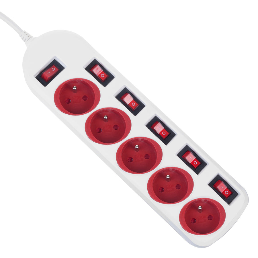 Maclean stekkerdoos, verlengkabel met 5 stopcontacten, met schakelaars, 250VAC/10A, 1,5m, MCE204 R/W