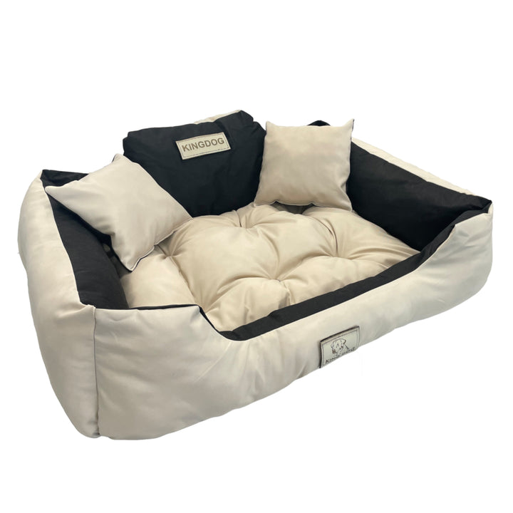 KingDog Lit pour Chien et Chat avec Deux Oreillers Coussin pour Chien Panier pour Animaux de Compagnie Lavable imperméable Matériau PVC Taille L 100x75 cm Beige