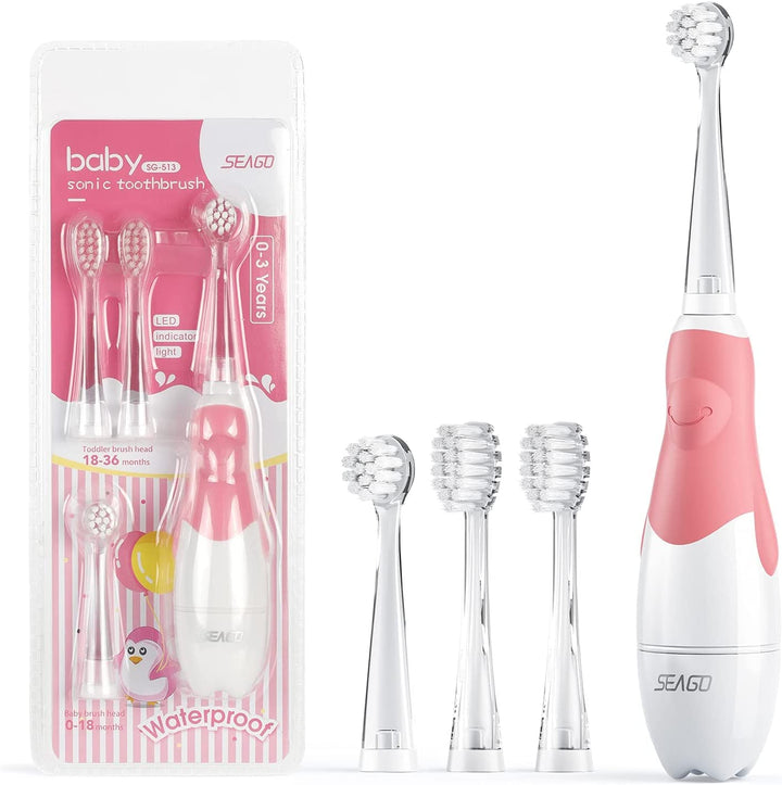 SEAGO - Brosse à dents électrique sonique pour enfants de 0 à 3 ans avec minuterie intelligente et lumière LED - IPX7 - Rose