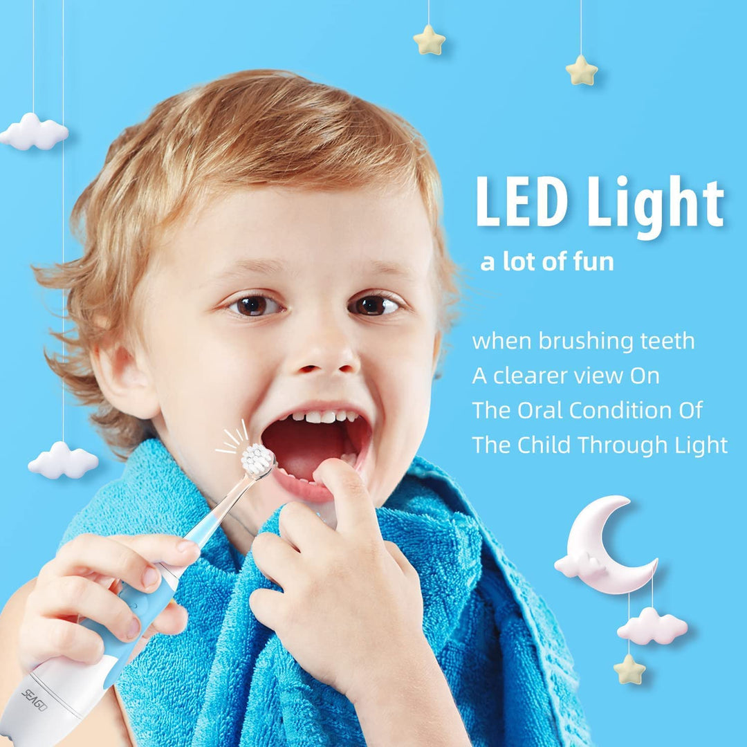 SEAGO - Brosse à dents électrique sonique pour enfants de 0 à 3 ans avec minuterie intelligente et lumière LED - IPX7 - Bleu