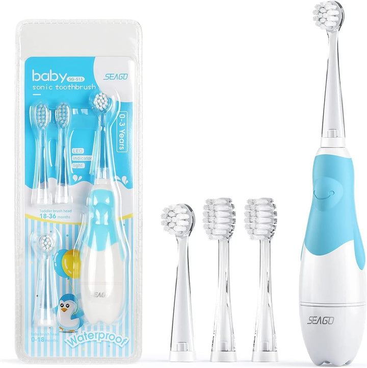 SEAGO - Brosse à dents électrique sonique pour enfants de 0 à 3 ans avec minuterie intelligente et lumière LED - IPX7 - Bleu