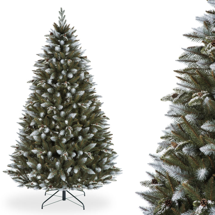 Novatom Premium PVC kerstboom 220 cm gesneden sparrenhout sneeuweffect natuurlijke dennenappels kerstboom incl. metalen standaard gemaakt van PVC-folie en PE-takken