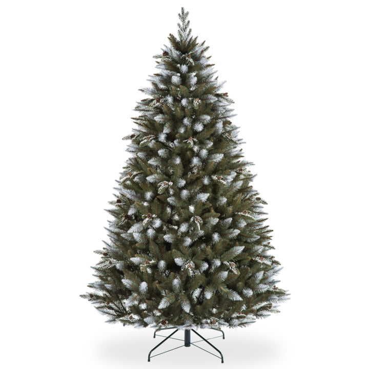 Novatom Premium PVC kerstboom 220 cm gesneden sparrenhout sneeuweffect natuurlijke dennenappels kerstboom incl. metalen standaard gemaakt van PVC-folie en PE-takken