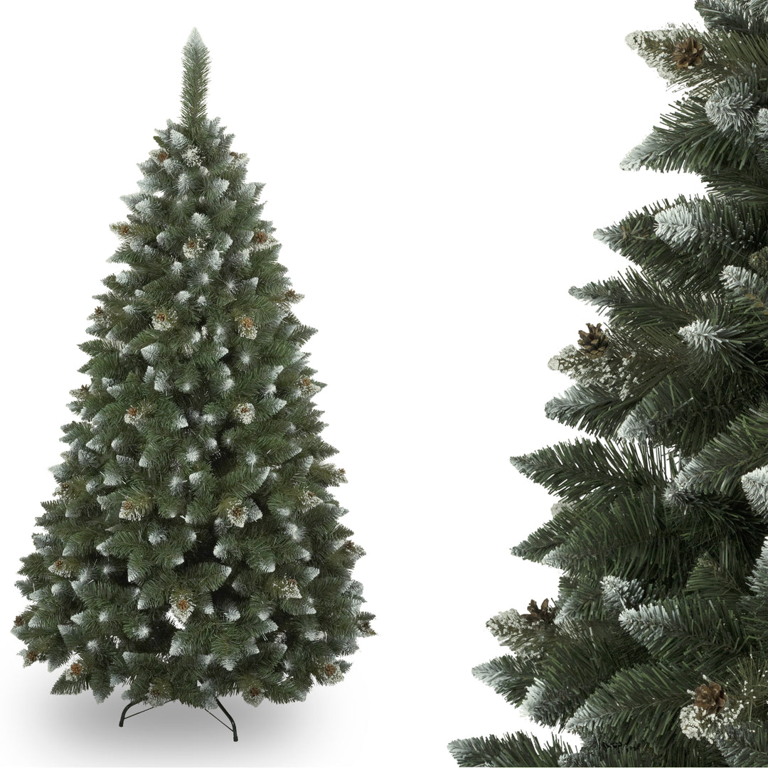 Novatom Premium PVC-kerstboom 220 cm Diamond Pine-kerstboom Inclusief metalen standaard Natuurlijke kegels Sneeuweffect