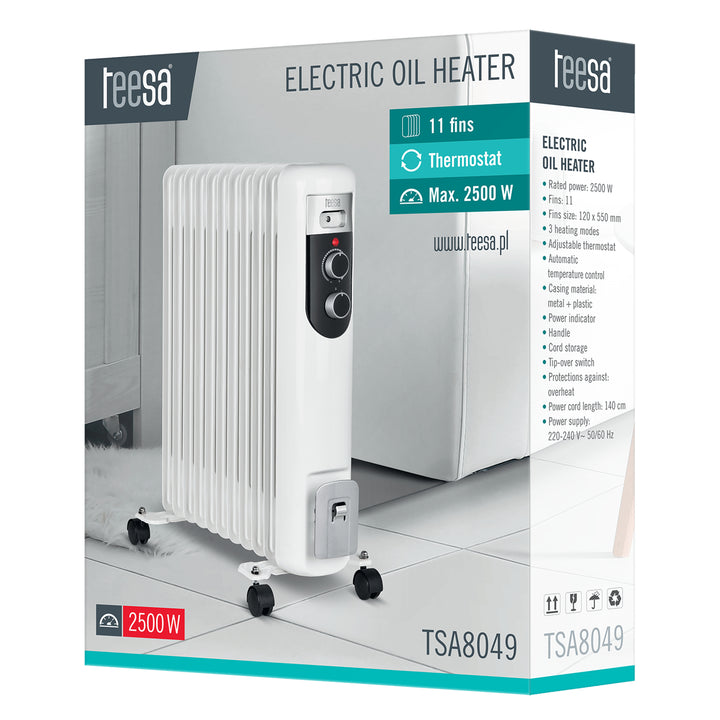 Teesa - Elektrische olieradiator 2500 W (11 lamellen) Radiator met thermostaat - 3 warmtestanden
