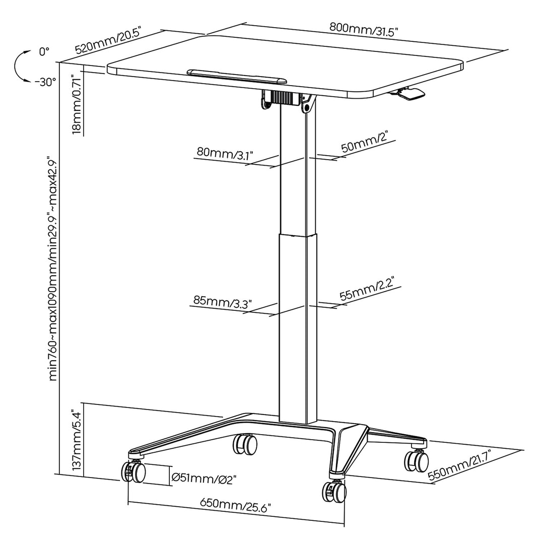 Maclean - Verrijdbaar laptop bureau - hoogteverstelling - 80x52cm, 8kg max, 109cm - MC-453W - Wit