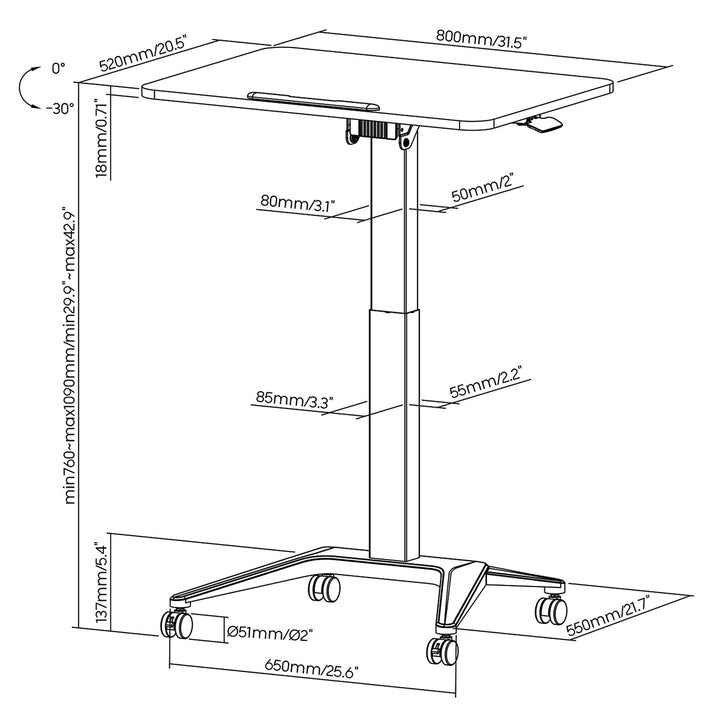 Maclean - Verrijdbaar laptop bureau - hoogteverstelling - 80x52cm, 8kg max, 109cm - MC-453W - Wit