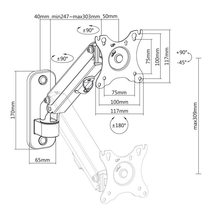 Maclean muurbeugel voor monitor, 17-27'', max. 7kg, gasveer, MC-458