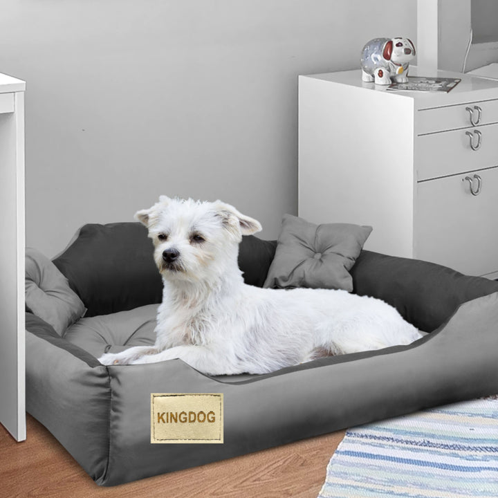 KingDog Honden- en kattenbed van microvezel met twee kussens Hondenmand Huisdierbed wasbaar Waterdicht materiaal (Binnenafmetingen: 40 x 30 cm Buitenafmetingen: 55 x 45 cm Grijs/zwart)