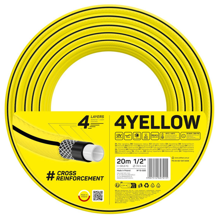 Cellfast 4YELLOW Tuyau d'arrosage léger et résistant 4 couches durable tresse croisée résistant aux UV et aux algues résistant à la torsion technologie REACH 20 bar -10/+50° fermeture : 1/2" 20 m