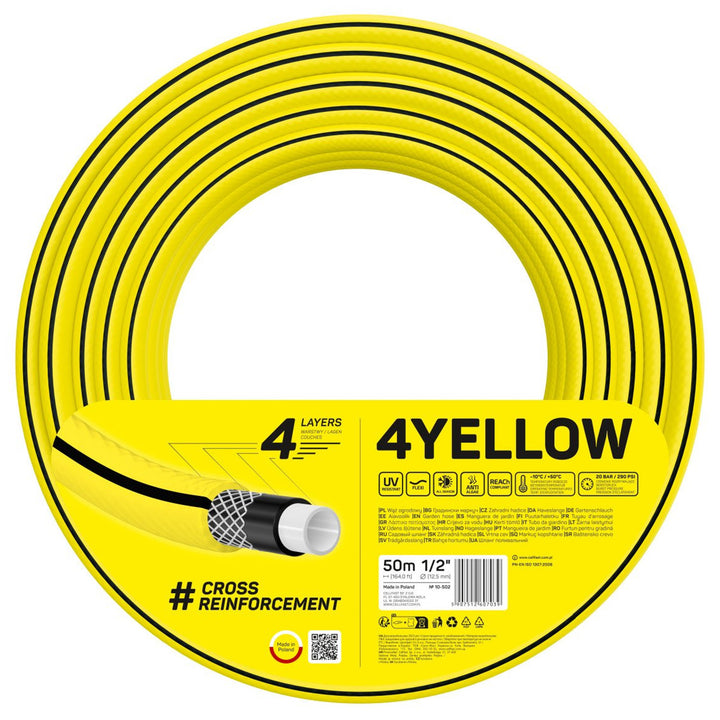 Cellfast 4YELLOW Tuyau d'arrosage léger et résistant 4 couches durable tresse croisée résistant aux UV et aux algues résistant à la torsion technologie REACH 20 bar -10/+50° fermeture 1/2" 50 m