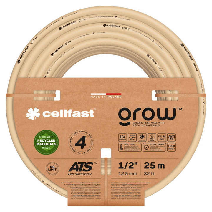 Cellfast GROW Tuinslang Heavy Duty Flexibel 4-Laags Duurzaam ATS Jersey UV- en Algenbestendig 27 Bar -20/+60° Sluiting 1/2 Inch 25 m