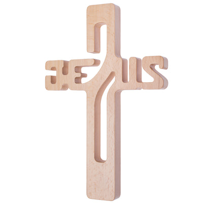 Houten hangend kruis met inscriptie JEZUS naturel 22x14x1.6cm