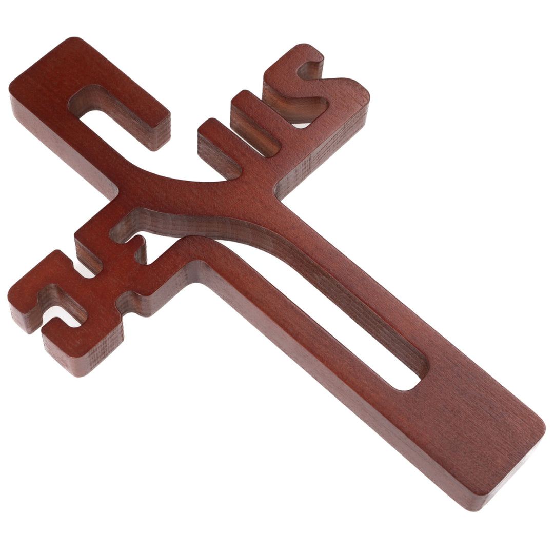 Hangend kruis gemaakt van beukenhout Hangend kruis inscriptie JESUS Modern houten kruis glad oppervlak (Bruin 22x14x1,6cm)