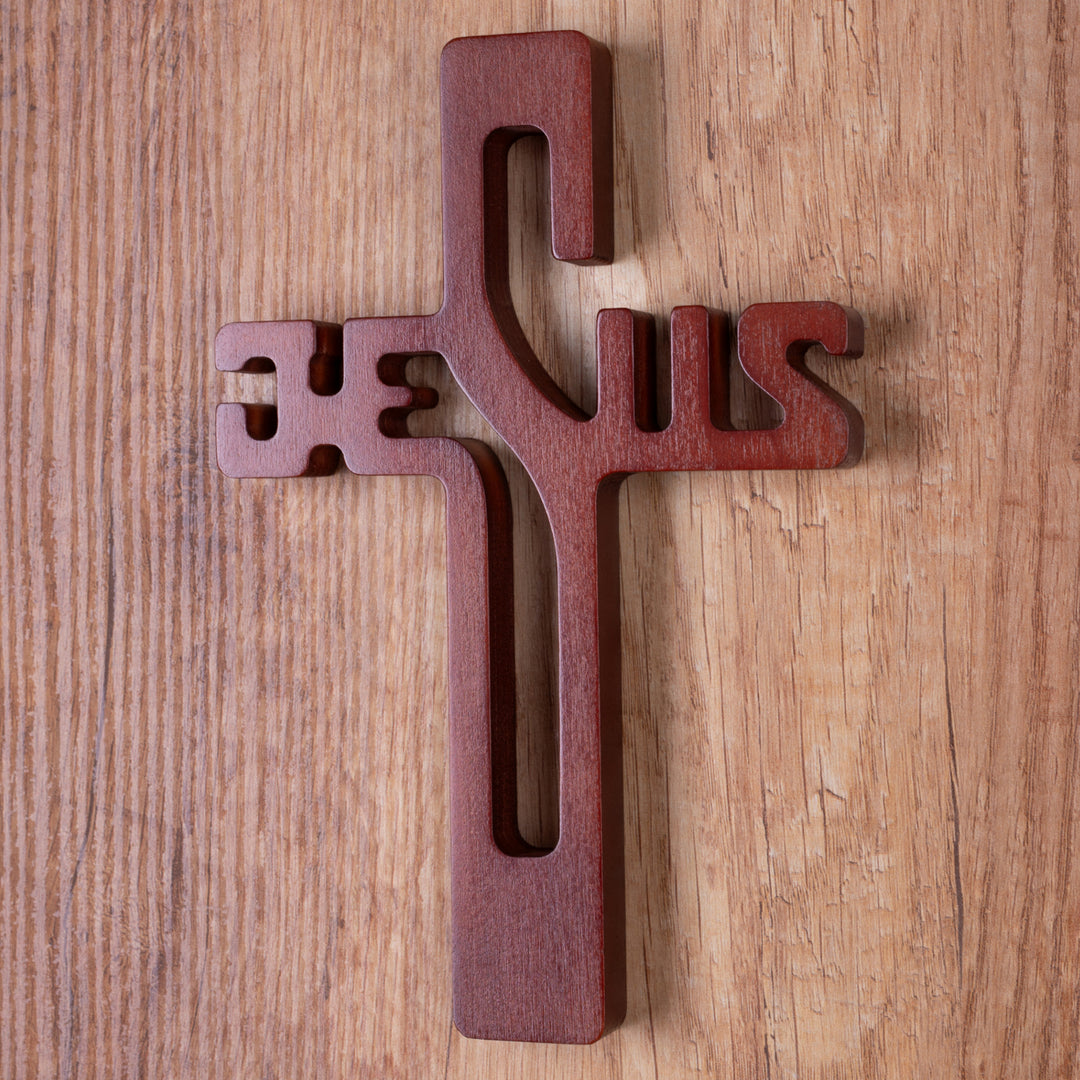 Hangend kruis gemaakt van beukenhout Hangend kruis inscriptie JESUS Modern houten kruis glad oppervlak (Bruin 22x14x1,6cm)