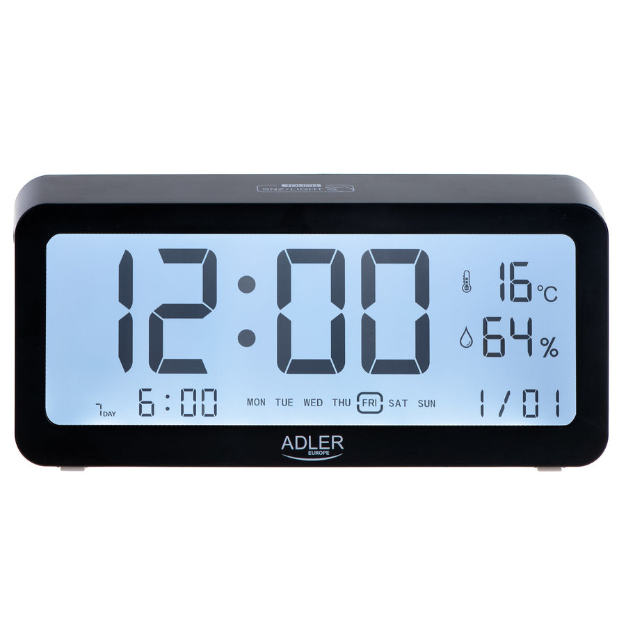 Adler batterij wekker, zwart, AD1195b verlicht display