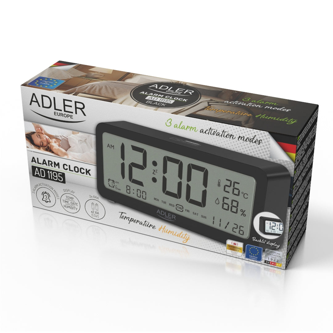 Adler batterij wekker, zwart, AD1195b verlicht display