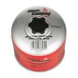 2x 500g Alpen Camping gaspatroon. Certificaat: Pi 0437, volgens EN417, propaan-butaan, bereik -10°c tot + 40°c, 7/16" ventiel IK008