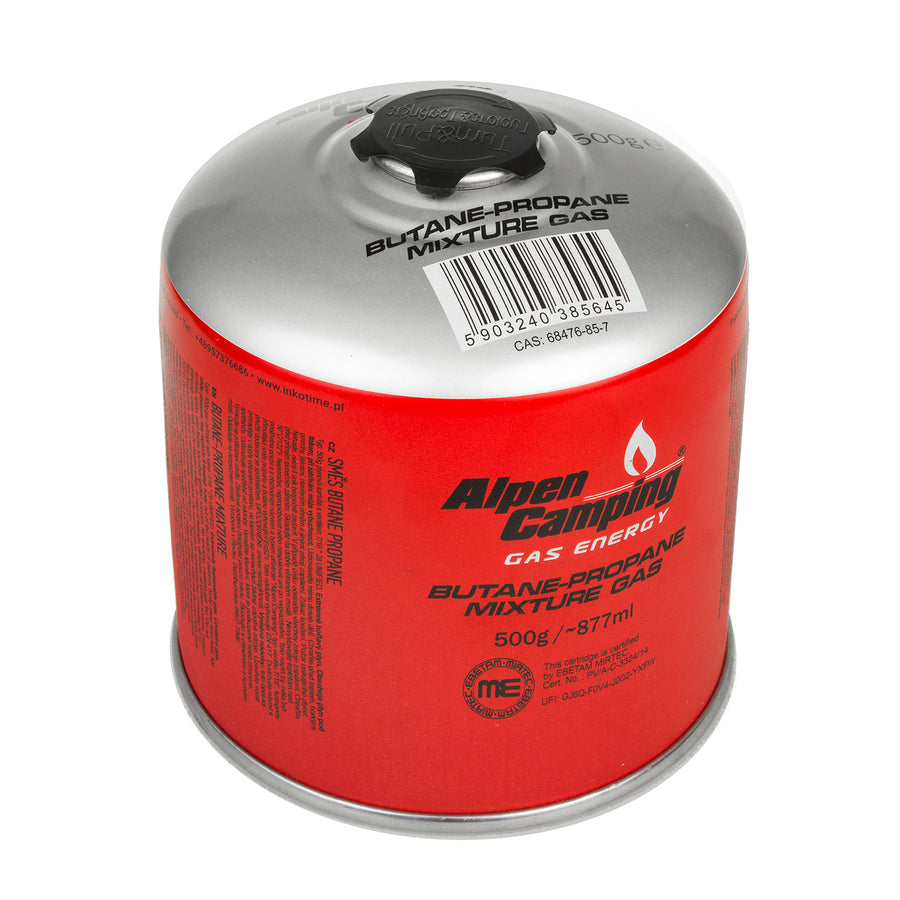2x 500g Alpen Camping gaspatroon. Certificaat: Pi 0437, volgens EN417, propaan-butaan, bereik -10°c tot + 40°c, 7/16" ventiel IK008