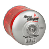 2x 500g Alpen Camping gaspatroon. Certificaat: Pi 0437, volgens EN417, propaan-butaan, bereik -10°c tot + 40°c, 7/16" ventiel IK008