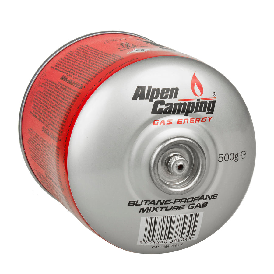 2x 500g Alpen Camping gaspatroon. Certificaat: Pi 0437, volgens EN417, propaan-butaan, bereik -10°c tot + 40°c, 7/16" ventiel IK008