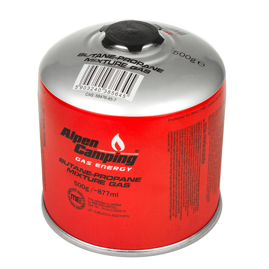 2x 500g Alpen Camping gaspatroon. Certificaat: Pi 0437, volgens EN417, propaan-butaan, bereik -10°c tot + 40°c, 7/16" ventiel IK008