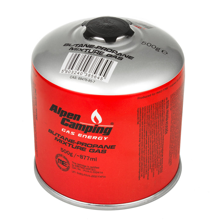 3x Alpen Camping 500g gaspatroon, certificaat: Pi 0437, voldoet aan EN417, propaan-butaan, bereik -10°c tot + 40°c, 7/16" ventiel IK008