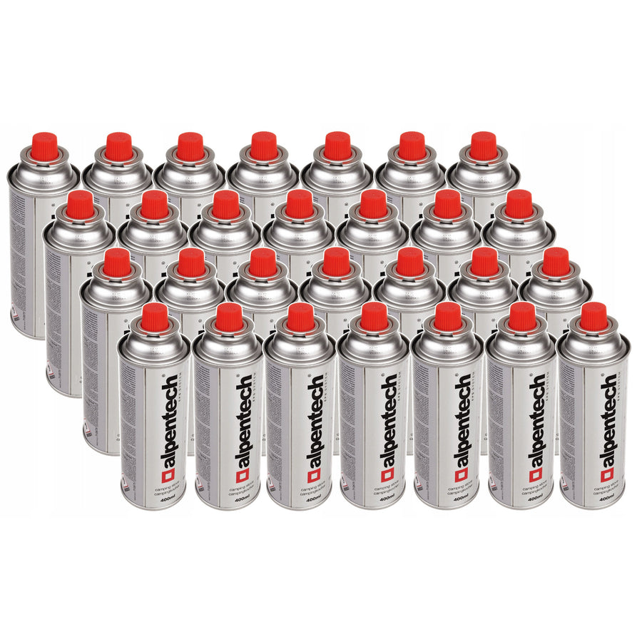 28x 380ml Alpentech gascartridge, certificering: Pi 0875, conform EN521, butaan, werkbereik -10°C tot + 40°C, IK300