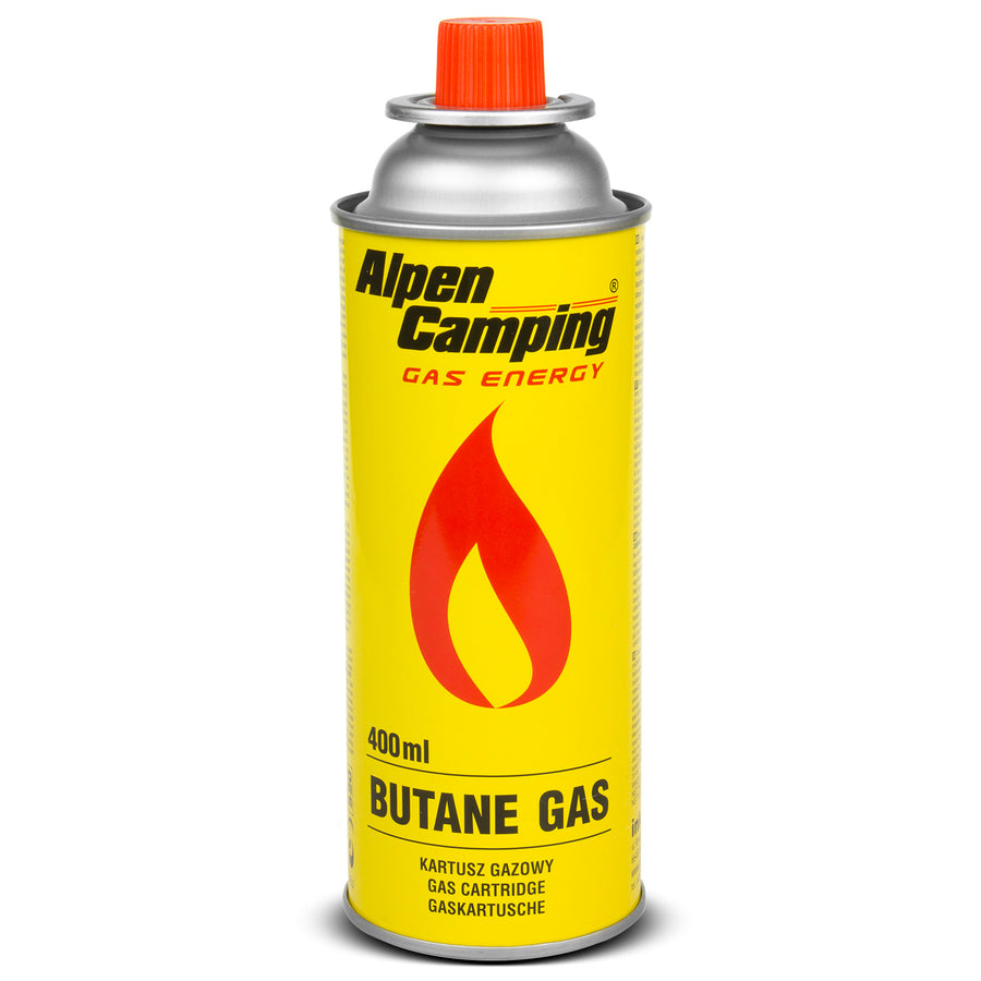 28x Alpen Camping 400ml gaspatroon. Certificaat: Pi 0875, voldoet aan EN417, isobutaan, werkgebied -10°c tot + 40°c, IK004