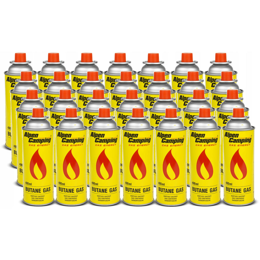 28x Alpen Camping 400ml gaspatroon. Certificaat: Pi 0875, voldoet aan EN417, isobutaan, werkgebied -10°c tot + 40°c, IK004