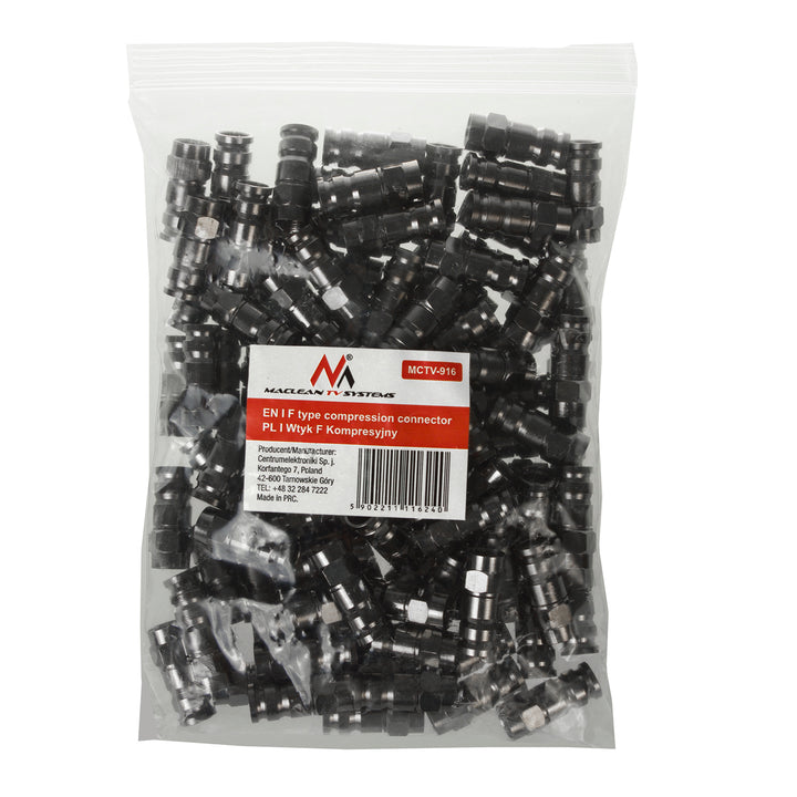 100x Maclean, F-connector, RG-6, professioneel, nikkel, zwart, MCTV-916