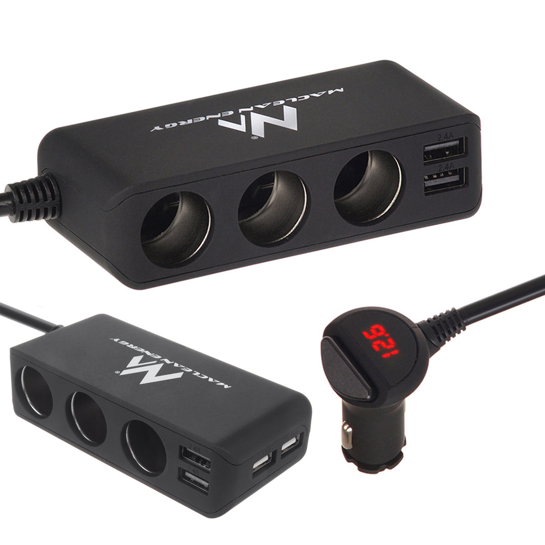 Maclean autoaanstekercontactdoosverdeler, voltmeter, 3 aanstekercontactdozen, 4xUSB, 4,8A, max 120W, zwart, met rubber bekleed, MCE117A+ USB-C kabel 1m