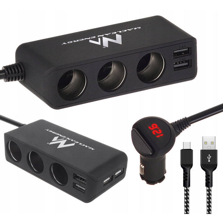 Maclean autoaanstekercontactdoosverdeler, voltmeter, 3 aanstekercontactdozen, 4xUSB, 4,8A, max 120W, zwart, met rubber bekleed, MCE117A+ USB-C kabel 1m