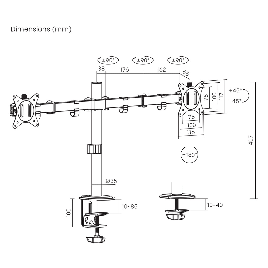 Maclean - Monitorbeugel voor 2 monitoren 17-32" - VESA 75x75 en 100x100 -tot 2x 9kg - MC-754N