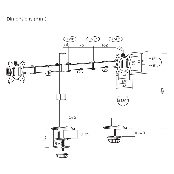 Maclean - Monitorbeugel voor 2 monitoren 17-32" - VESA 75x75 en 100x100 -tot 2x 9kg - MC-754N