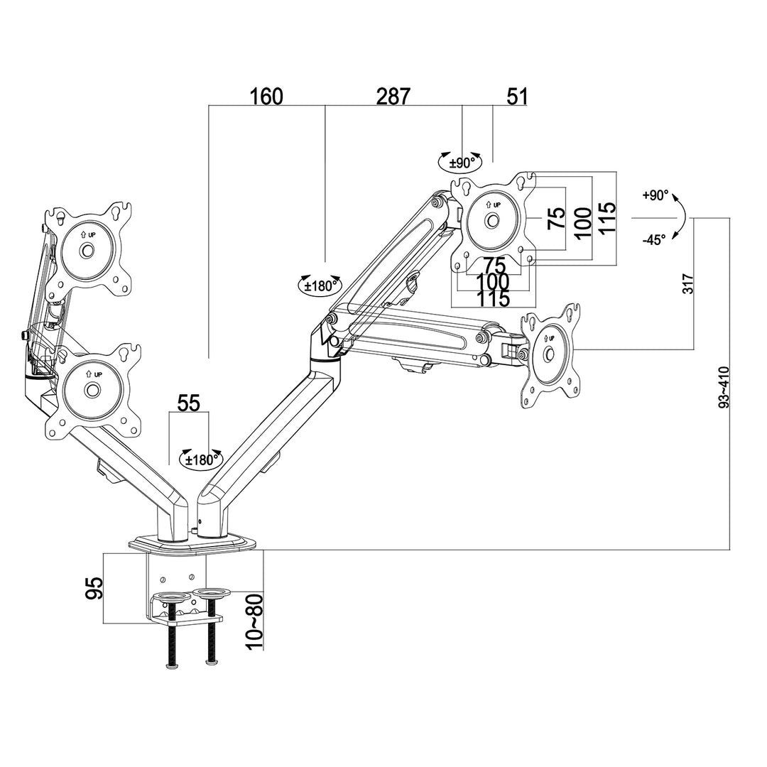 Maclean - Monitorhouder voor 2 monitoren 13"-27" - gasveer - Tot 7kg - MC-861N - Zwart