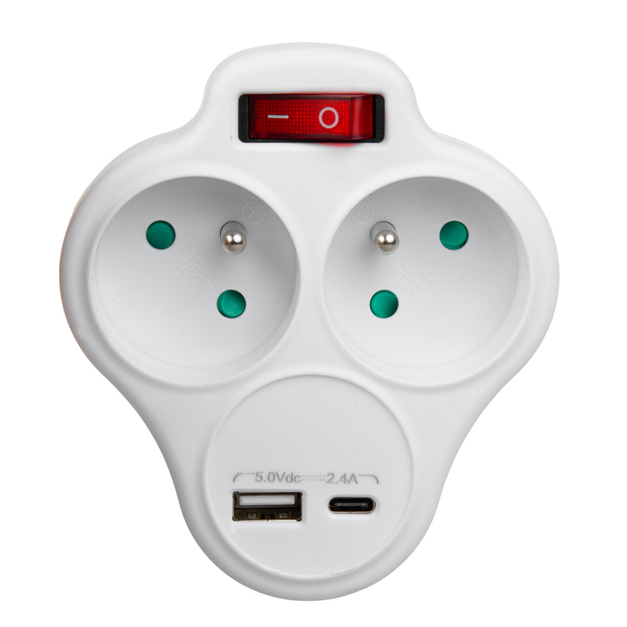 Maclean-stopcontact, stekkerdoos met 2 stopcontacten en USB A/C 2,4 A, type E, 2x16 A, MCE336 E