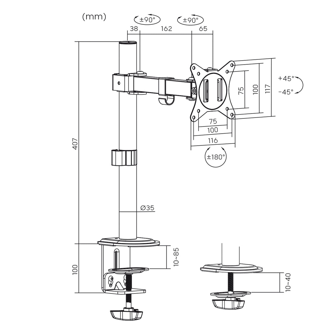 Maclean bureausteun voor LCD-monitor, enkele arm, VESA 75x75 en 100x100, 17-32", 9kg, MC-572N